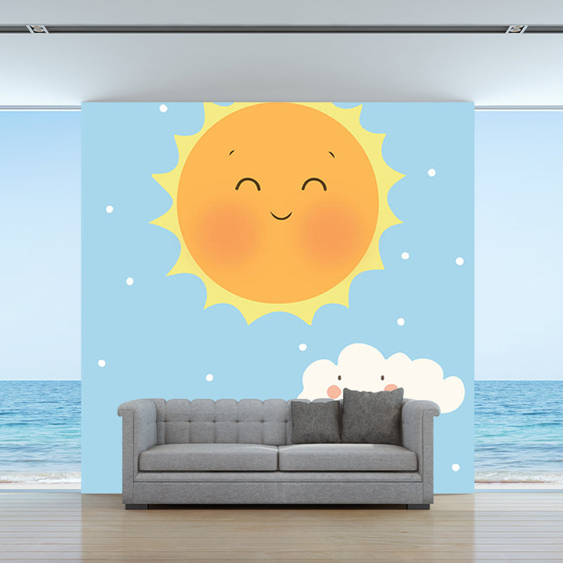 Smiling Sun and Cloud Mural Wallpaper Cartoon Waterproof Kids Bedroom Wall Decor Clearhalo 'Wall Decor' 'Wall Mural' 1203592