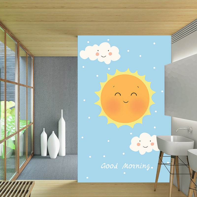 Smiling Sun and Cloud Mural Wallpaper Cartoon Waterproof Kids Bedroom Wall Decor Clearhalo 'Wall Decor' 'Wall Mural' 1203593