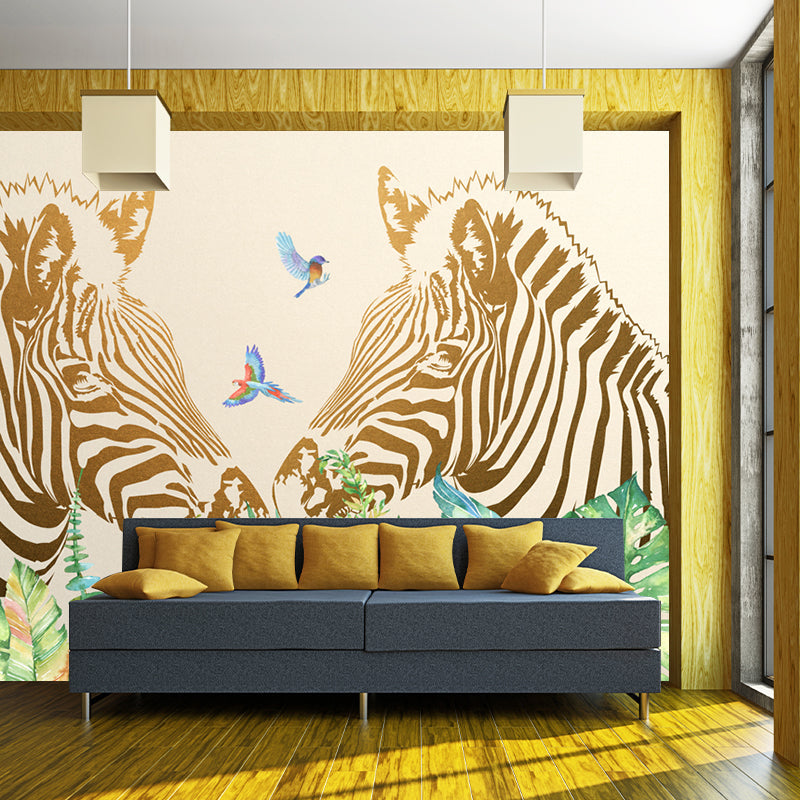 Modern Twin Zebras Murals Wallpaper Yellow-Green Waterproof Wall Art for Bedroom Yellow-Green Clearhalo 'Wall Decor' 'Wall Mural' 1203634