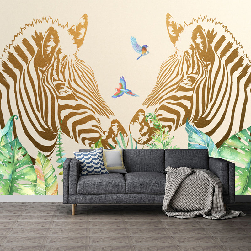 Modern Twin Zebras Murals Wallpaper Yellow-Green Waterproof Wall Art for Bedroom Clearhalo 'Wall Decor' 'Wall Mural' 1203635