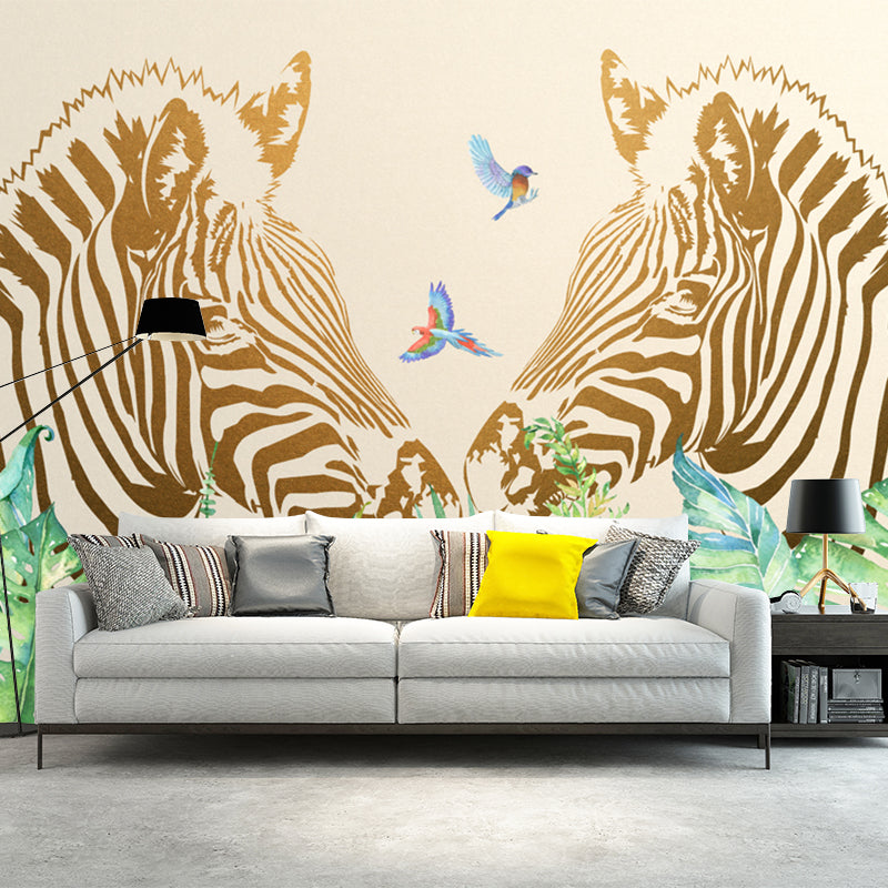 Modern Twin Zebras Murals Wallpaper Yellow-Green Waterproof Wall Art for Bedroom Clearhalo 'Wall Decor' 'Wall Mural' 1203636