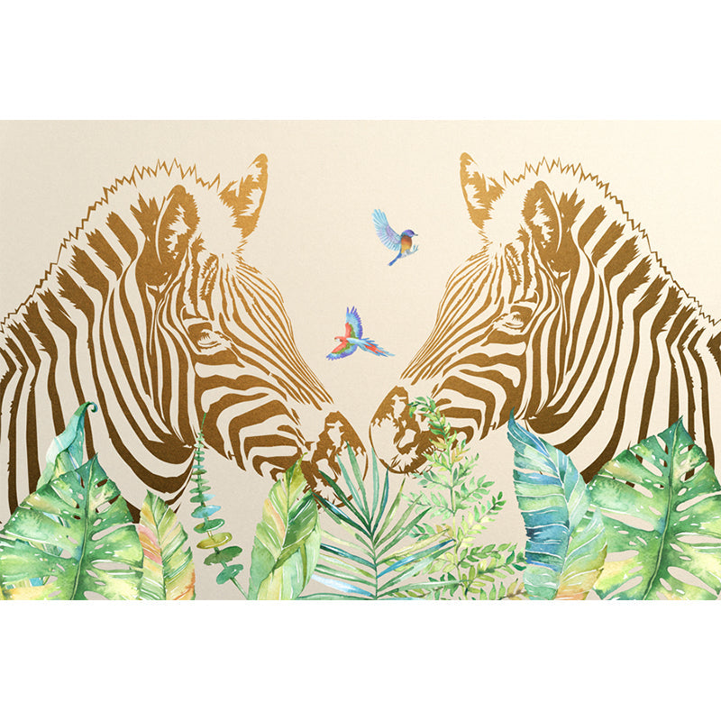 Modern Twin Zebras Murals Wallpaper Yellow-Green Waterproof Wall Art for Bedroom Clearhalo 'Wall Decor' 'Wall Mural' 1203637