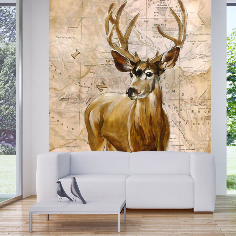 Scandinavian World Map Stag Mural Decal Brown Bedroom Wall Covering, Custom Size Brown Clearhalo 'Wall Decor' 'Wall Mural' 1203645