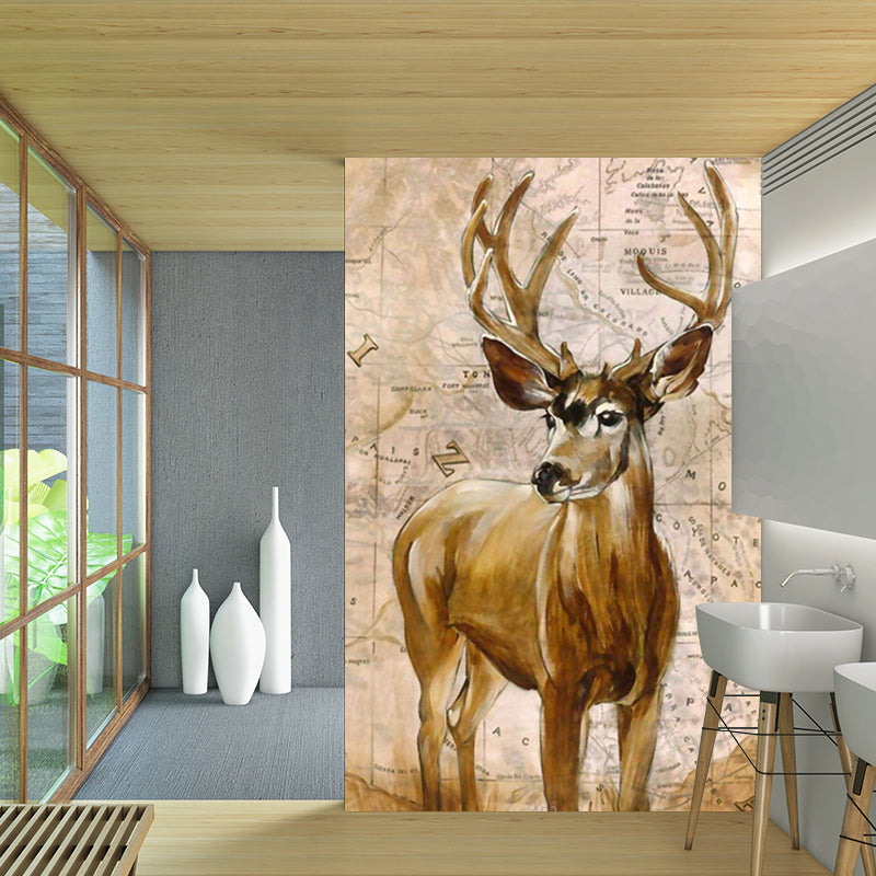 Scandinavian World Map Stag Mural Decal Brown Bedroom Wall Covering, Custom Size Clearhalo 'Wall Decor' 'Wall Mural' 1203647