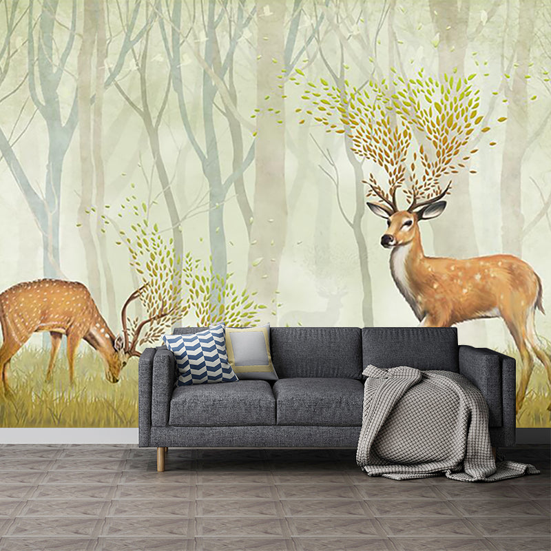 Deer in Misty Forest Mural Nordic Stain Resistant Living Room Wall Decor, Custom-Printed Brown-Green-Yellow Clearhalo 'Wall Decor' 'Wall Mural' 1203652