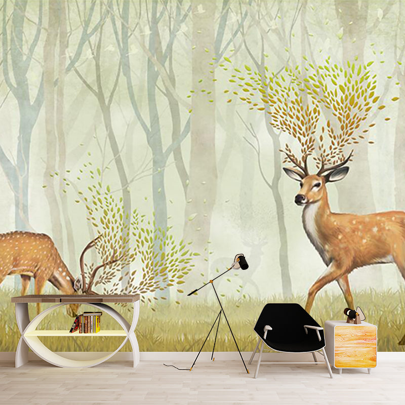 Deer in Misty Forest Mural Nordic Stain Resistant Living Room Wall Decor, Custom-Printed Clearhalo 'Wall Decor' 'Wall Mural' 1203653