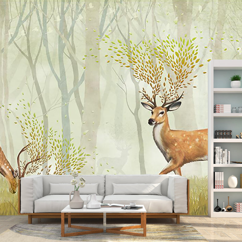 Deer in Misty Forest Mural Nordic Stain Resistant Living Room Wall Decor, Custom-Printed Clearhalo 'Wall Decor' 'Wall Mural' 1203654