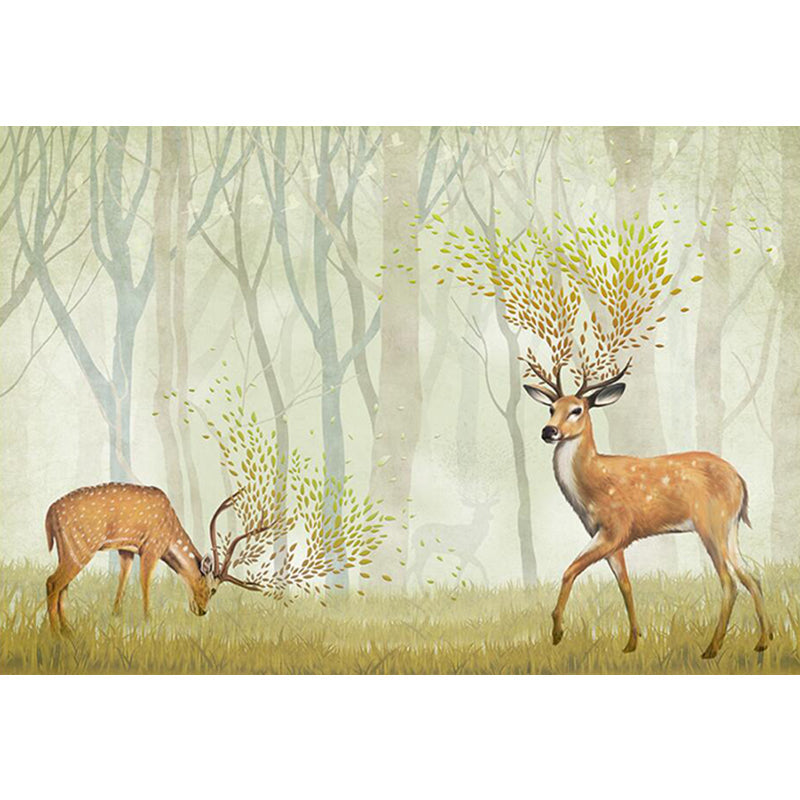 Deer in Misty Forest Mural Nordic Stain Resistant Living Room Wall Decor, Custom-Printed Clearhalo 'Wall Decor' 'Wall Mural' 1203655