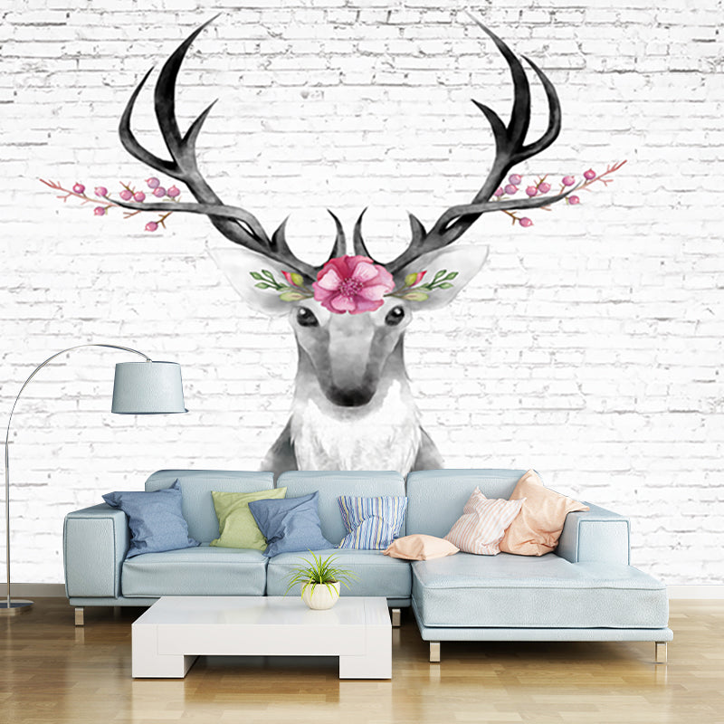 Deer Head and Brick Mural Wallpaper Grey and Pink Art Deco Wall Covering for Bedroom Gray-Pink Clearhalo 'Wall Decor' 'Wall Mural' 1203659