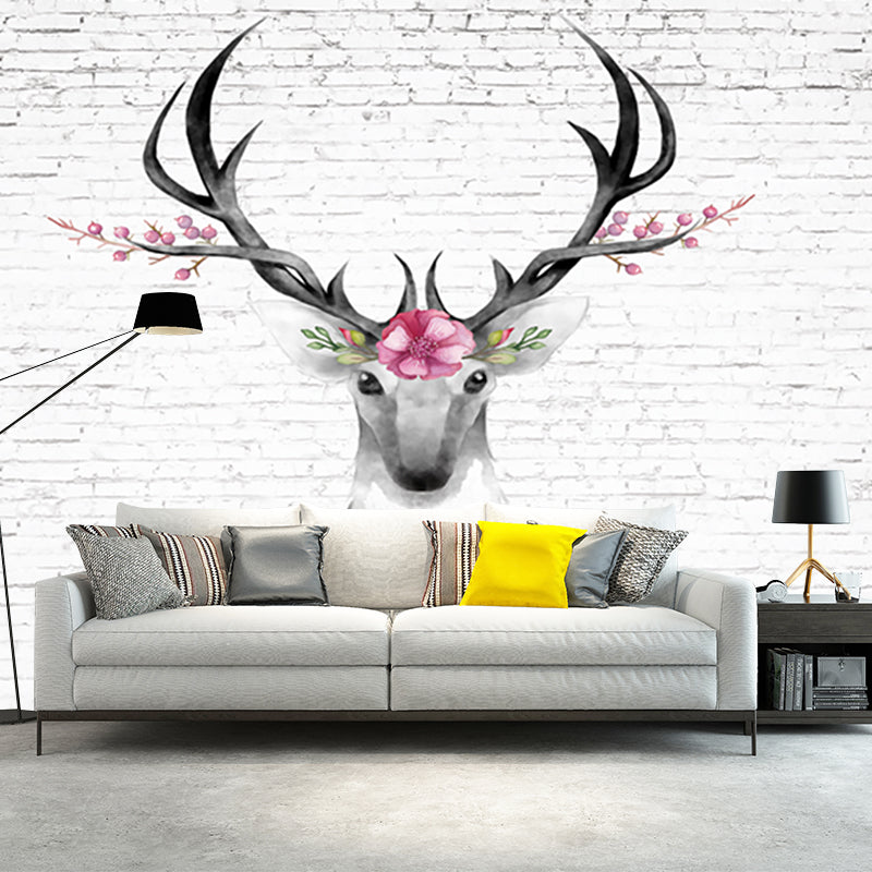 Deer Head and Brick Mural Wallpaper Grey and Pink Art Deco Wall Covering for Bedroom Clearhalo 'Wall Decor' 'Wall Mural' 1203660