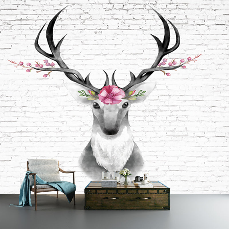 Deer Head and Brick Mural Wallpaper Grey and Pink Art Deco Wall Covering for Bedroom Clearhalo 'Wall Decor' 'Wall Mural' 1203661