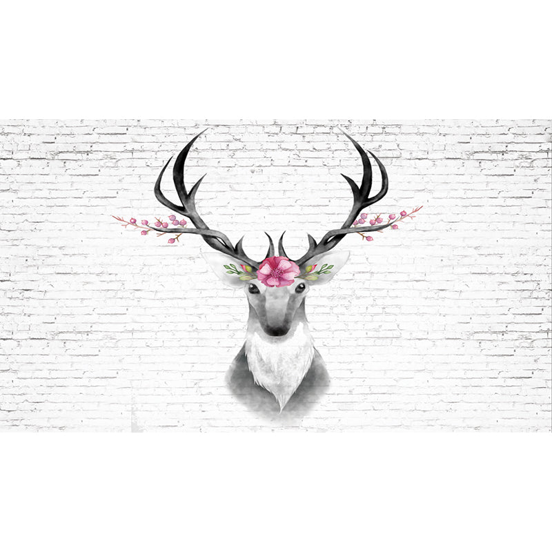 Deer Head and Brick Mural Wallpaper Grey and Pink Art Deco Wall Covering for Bedroom Clearhalo 'Wall Decor' 'Wall Mural' 1203662