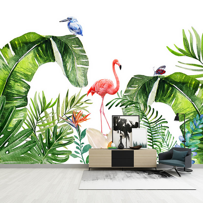 Tropics Plants Flamingo Murals Wallpaper Pink and Green Water Resistant Wall Art for Bedroom Clearhalo 'Wall Decor' 'Wall Mural' 1203665