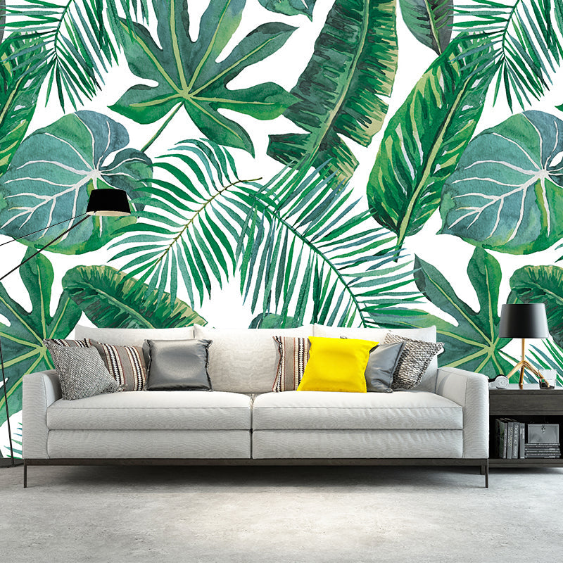 Custom Illustration Tropix Murals with Plant Leaves Pattern in Green, Moisture Resistant Green Clearhalo 'Wall Decor' 'Wall Mural' 1203678