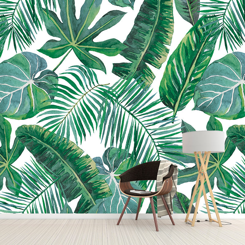 Custom Illustration Tropix Murals with Plant Leaves Pattern in Green, Moisture Resistant Clearhalo 'Wall Decor' 'Wall Mural' 1203679