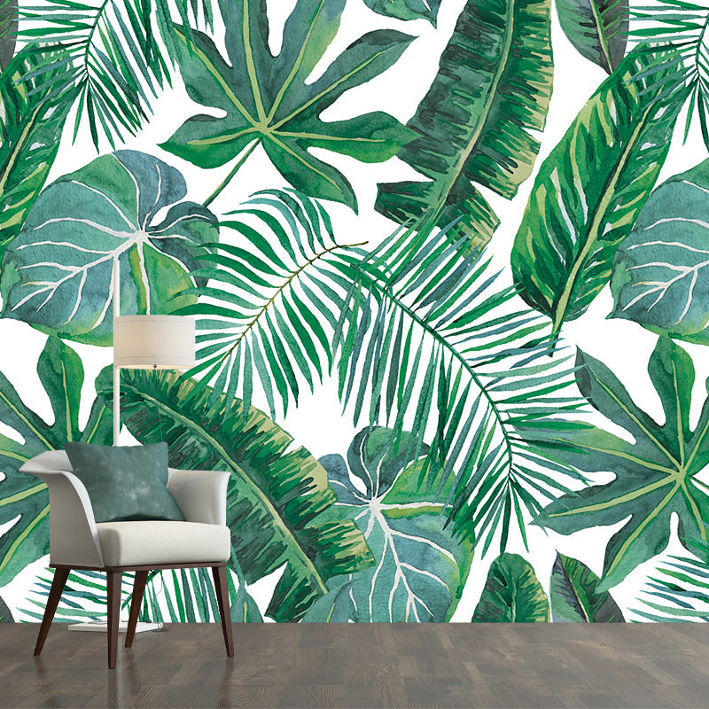 Custom Illustration Tropix Murals with Plant Leaves Pattern in Green, Moisture Resistant Clearhalo 'Wall Decor' 'Wall Mural' 1203680