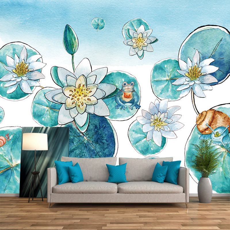 Aqua Watercolor Lotus Pond Murals Flower Asian Moisture Resistant Wall Decor for Bedroom Aqua Clearhalo 'Wall Decor' 'Wall Mural' 1203683