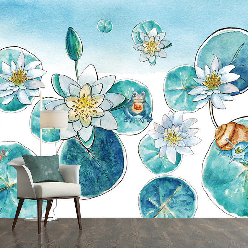 Aqua Watercolor Lotus Pond Murals Flower Asian Moisture Resistant Wall Decor for Bedroom Clearhalo 'Wall Decor' 'Wall Mural' 1203685