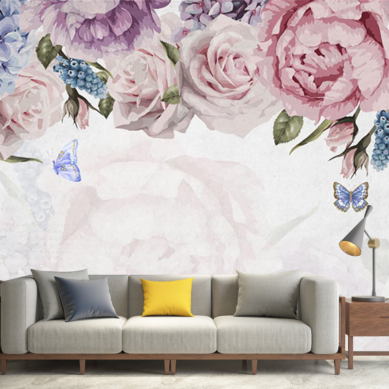 Flower Print Blooming Peony Mural Modern Smooth Wall Covering in Pink-Blue Pink-Blue Clearhalo 'Wall Decor' 'Wall Mural' 1203714