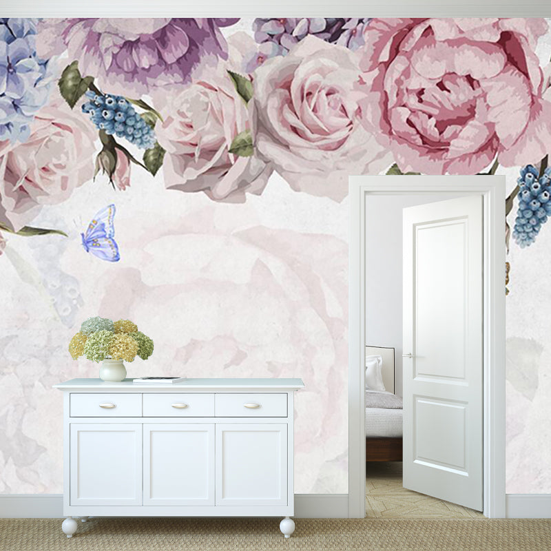 Flower Print Blooming Peony Mural Modern Smooth Wall Covering in Pink-Blue Clearhalo 'Wall Decor' 'Wall Mural' 1203715