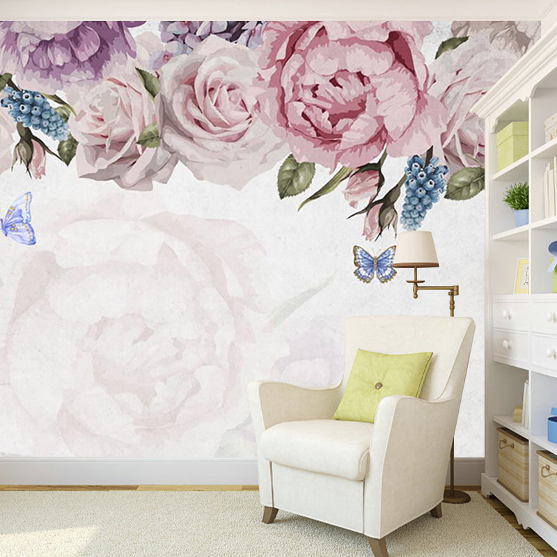 Flower Print Blooming Peony Mural Modern Smooth Wall Covering in Pink-Blue Clearhalo 'Wall Decor' 'Wall Mural' 1203716