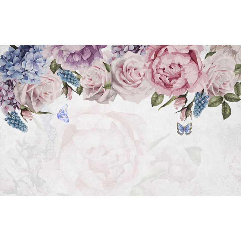 Flower Print Blooming Peony Mural Modern Smooth Wall Covering in Pink-Blue Clearhalo 'Wall Decor' 'Wall Mural' 1203717