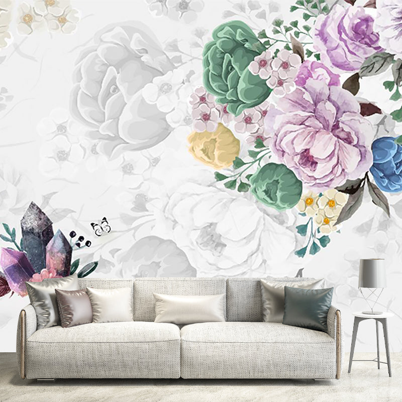 Beautiful Peonies Wall Covering Murals for Living Room, Pink and Green, Custom Printed Pink-Green Clearhalo 'Wall Decor' 'Wall Mural' 1203719