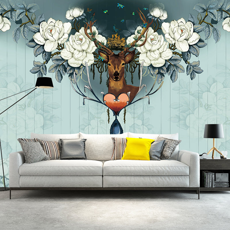 Peony Print Deer Wallpaper Murals Contemporary Smooth Wall Art in Grey and Green Gray-Green Clearhalo 'Wall Decor' 'Wall Mural' 1203733