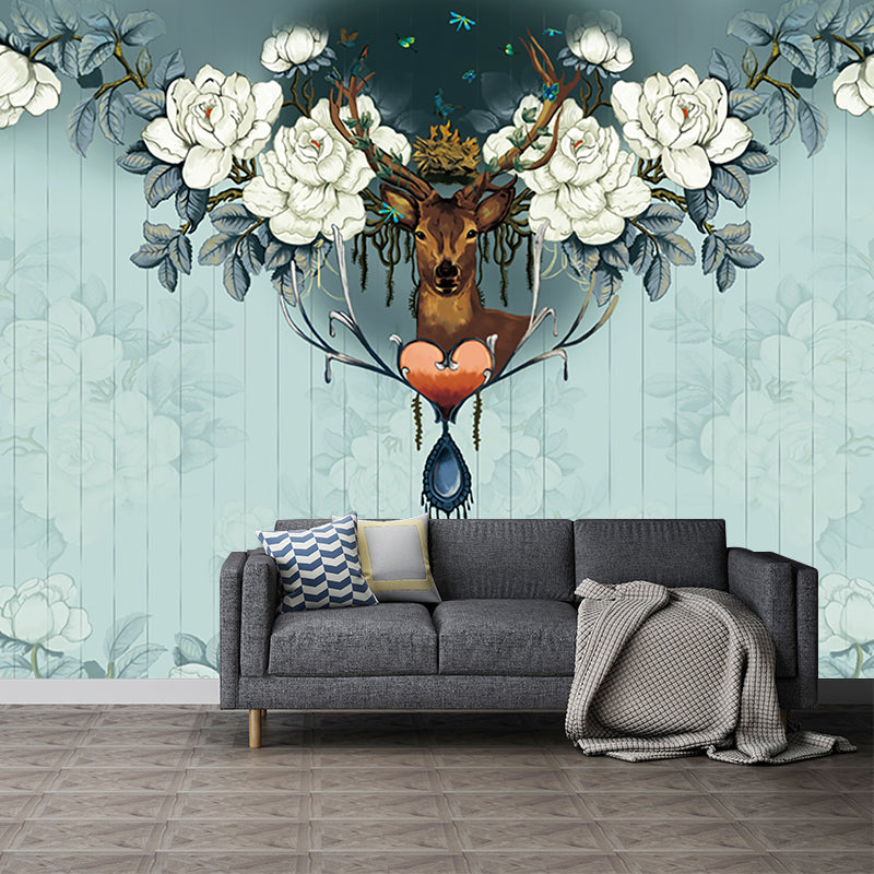 Peony Print Deer Wallpaper Murals Contemporary Smooth Wall Art in Grey and Green Clearhalo 'Wall Decor' 'Wall Mural' 1203734