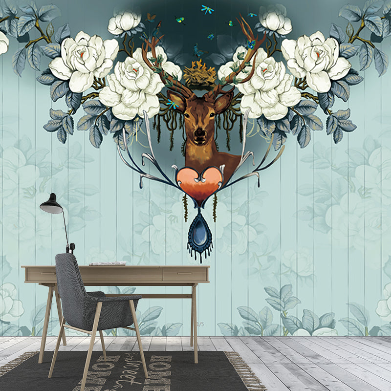 Peony Print Deer Wallpaper Murals Contemporary Smooth Wall Art in Grey and Green Clearhalo 'Wall Decor' 'Wall Mural' 1203735