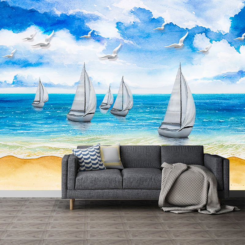 Whole Tropics Wall Paper Murals Blue and White Sailboat on Seashore Painting Wall Art, Custom-Made Clearhalo 'Wall Decor' 'Wall Mural' 1203755