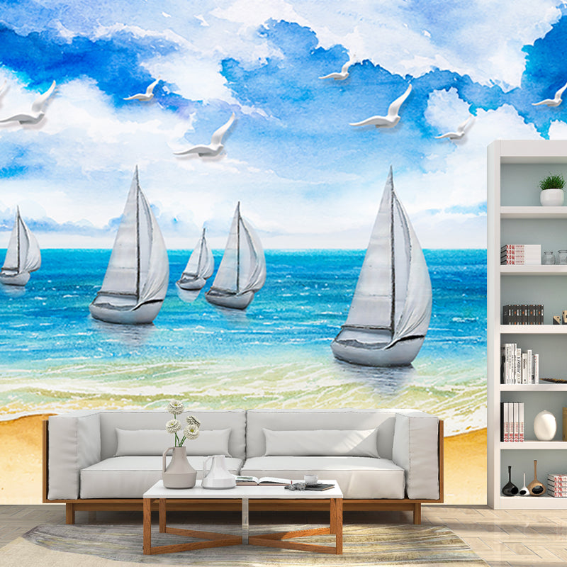 Whole Tropics Wall Paper Murals Blue and White Sailboat on Seashore Painting Wall Art, Custom-Made Clearhalo 'Wall Decor' 'Wall Mural' 1203756