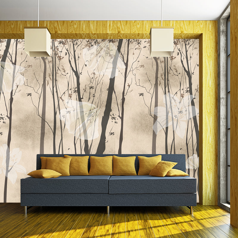 Floral Print Forest Wall Murals Contemporary Non-Woven Wall Art in Black and Yellow Black-Yellow Clearhalo 'Wall Decor' 'Wall Mural' 1203778