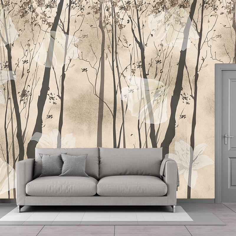 Floral Print Forest Wall Murals Contemporary Non-Woven Wall Art in Black and Yellow Clearhalo 'Wall Decor' 'Wall Mural' 1203779