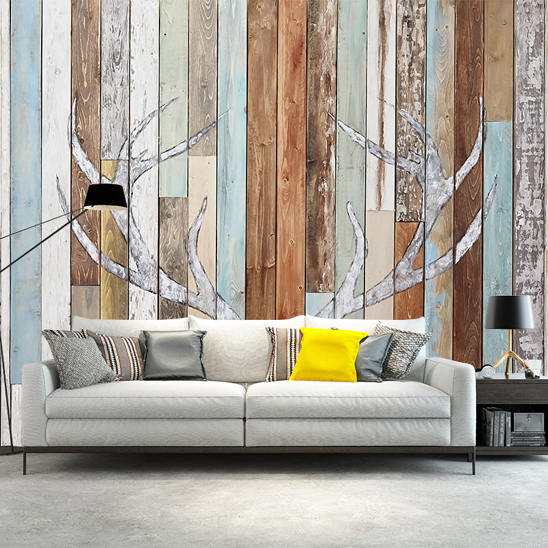 Rustic Antler Print Murals Decal Blue-Brown Barn Wood Wall Decor for Living Room Blue-Brown Clearhalo 'Wall Decor' 'Wall Mural' 1203783