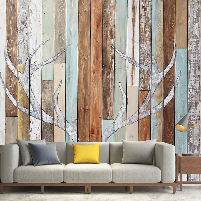 Rustic Antler Print Murals Decal Blue-Brown Barn Wood Wall Decor for Living Room Clearhalo 'Wall Decor' 'Wall Mural' 1203784