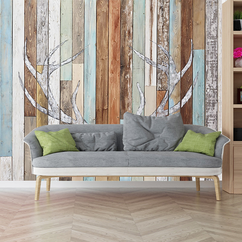 Rustic Antler Print Murals Decal Blue-Brown Barn Wood Wall Decor for Living Room Clearhalo 'Wall Decor' 'Wall Mural' 1203785