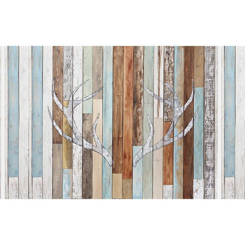 Rustic Antler Print Murals Decal Blue-Brown Barn Wood Wall Decor for Living Room Clearhalo 'Wall Decor' 'Wall Mural' 1203786