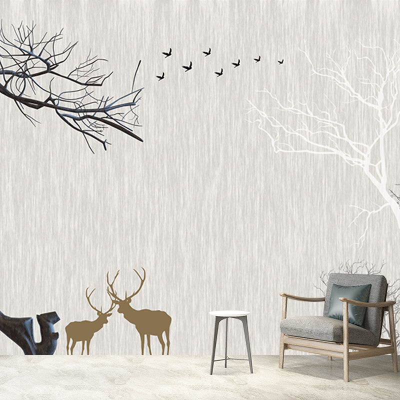 Whole Nordic Style Mural Wallpaper Grey Deer and Naked Trees Wall Covering, Personalized Size Grey Clearhalo 'Wall Decor' 'Wall Mural' 1203797
