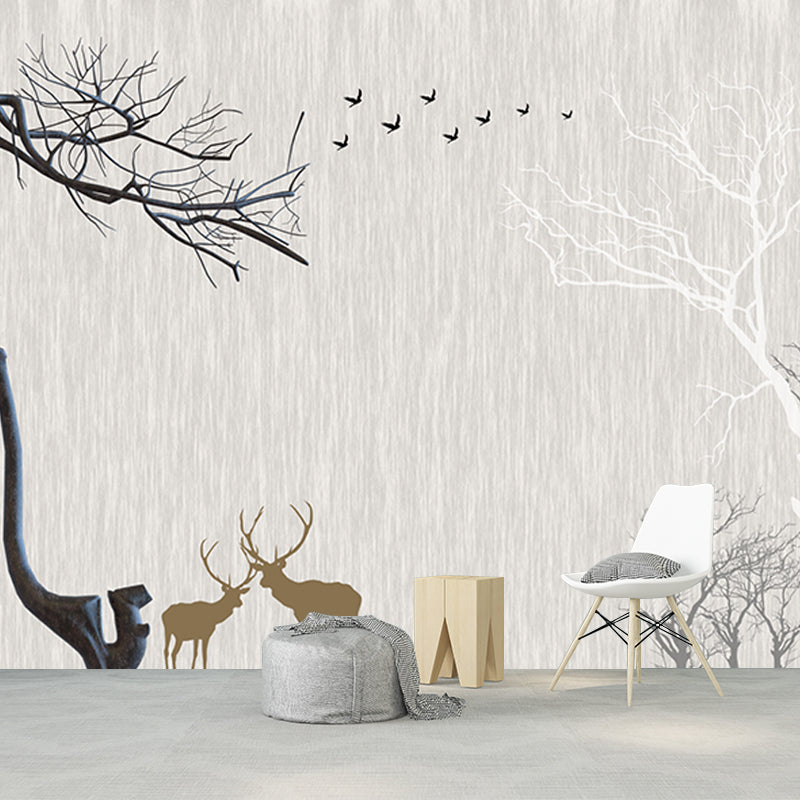 Whole Nordic Style Mural Wallpaper Grey Deer and Naked Trees Wall Covering, Personalized Size Clearhalo 'Wall Decor' 'Wall Mural' 1203798