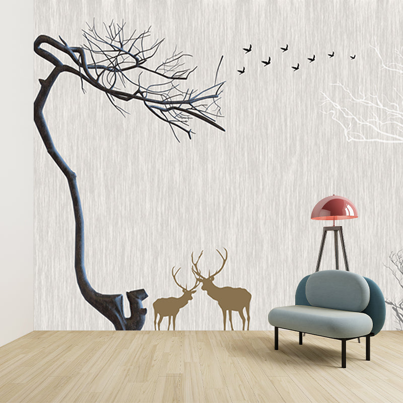 Whole Nordic Style Mural Wallpaper Grey Deer and Naked Trees Wall Covering, Personalized Size Clearhalo 'Wall Decor' 'Wall Mural' 1203799