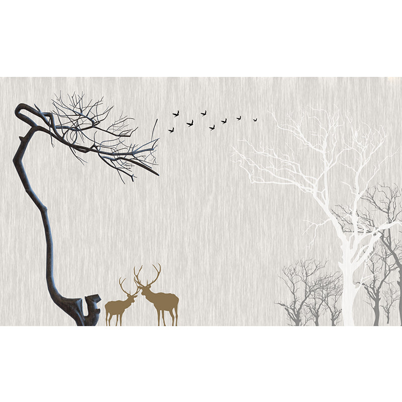 Whole Nordic Style Mural Wallpaper Grey Deer and Naked Trees Wall Covering, Personalized Size Clearhalo 'Wall Decor' 'Wall Mural' 1203800