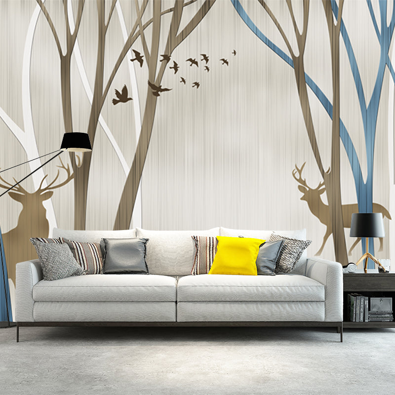 Personalized Illustration Nordic Murals with Silhouette Deer in Leafless Trees Pattern in Blue-Brown Blue-Brown Clearhalo 'Wall Decor' 'Wall Mural' 1203804