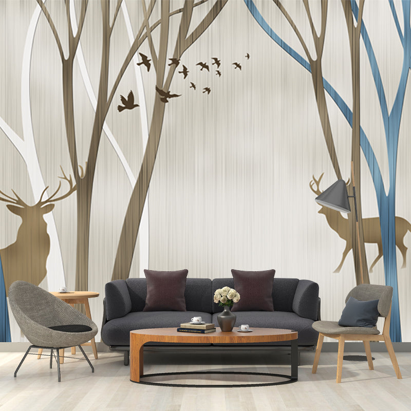 Personalized Illustration Nordic Murals with Silhouette Deer in Leafless Trees Pattern in Blue-Brown Clearhalo 'Wall Decor' 'Wall Mural' 1203805