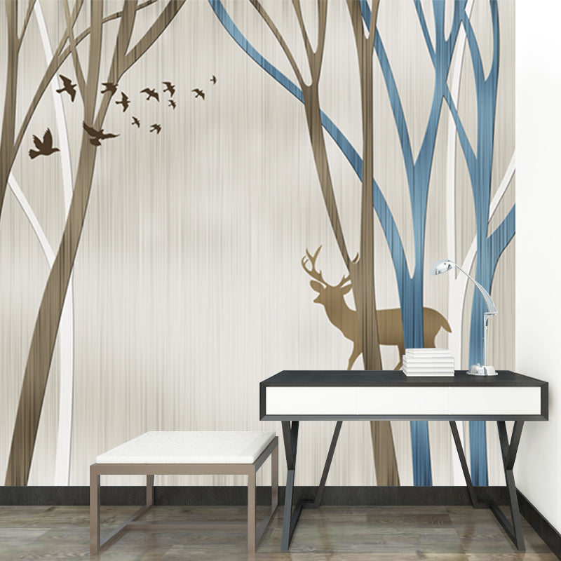 Personalized Illustration Nordic Murals with Silhouette Deer in Leafless Trees Pattern in Blue-Brown Clearhalo 'Wall Decor' 'Wall Mural' 1203806