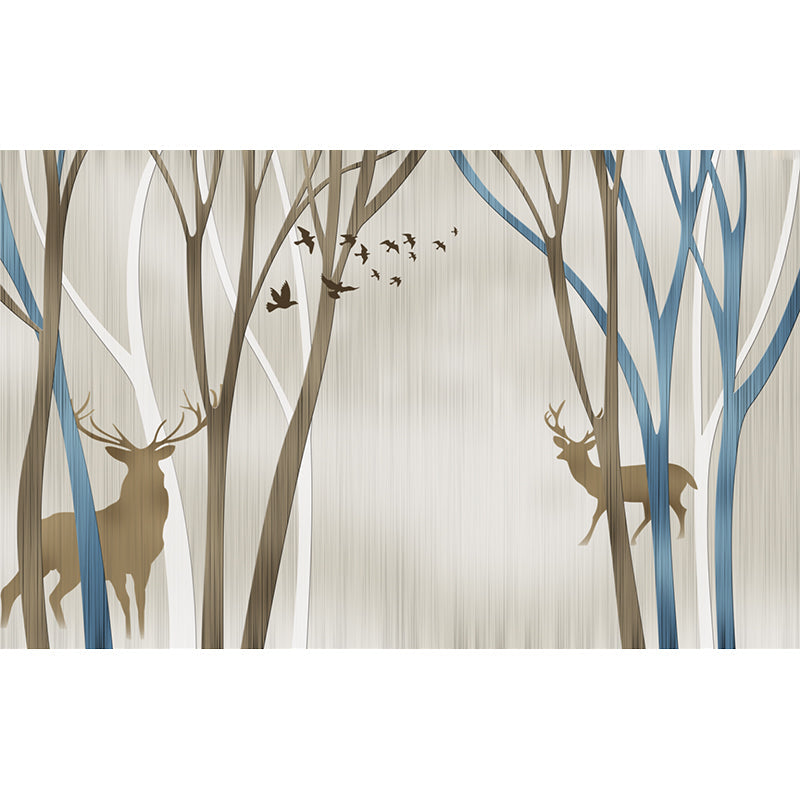 Personalized Illustration Nordic Murals with Silhouette Deer in Leafless Trees Pattern in Blue-Brown Clearhalo 'Wall Decor' 'Wall Mural' 1203807