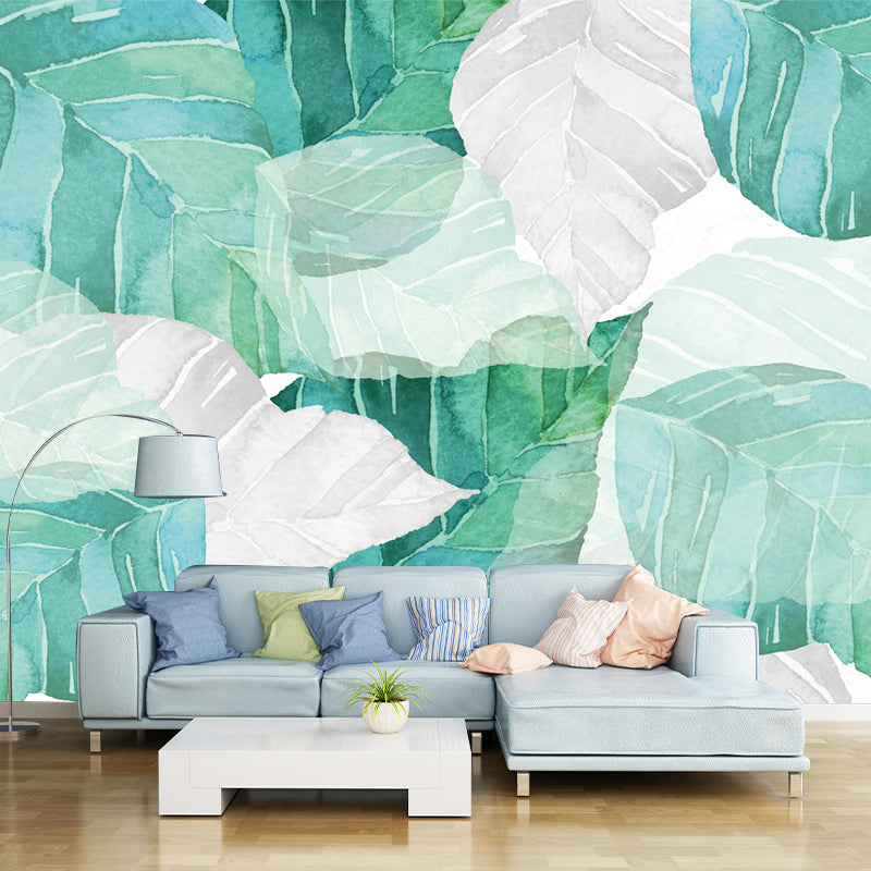 Modern Shattered Leaf Mural Wallpaper for Living Room Custom Wall Decor in Green-White Green-White Clearhalo 'Wall Decor' 'Wall Mural' 1206016