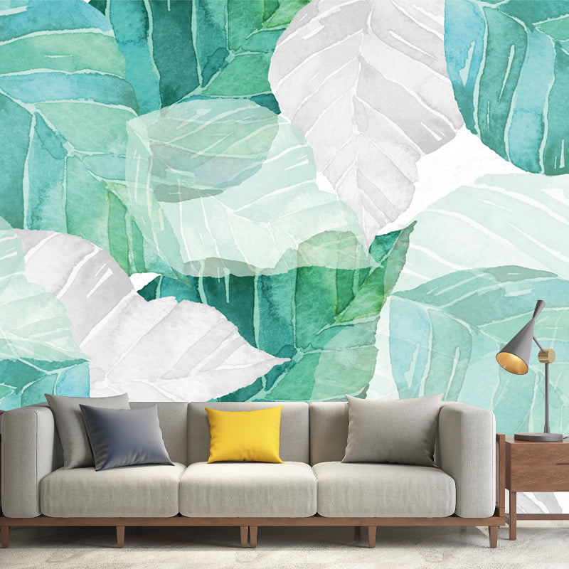 Modern Shattered Leaf Mural Wallpaper for Living Room Custom Wall Decor in Green-White Clearhalo 'Wall Decor' 'Wall Mural' 1206018