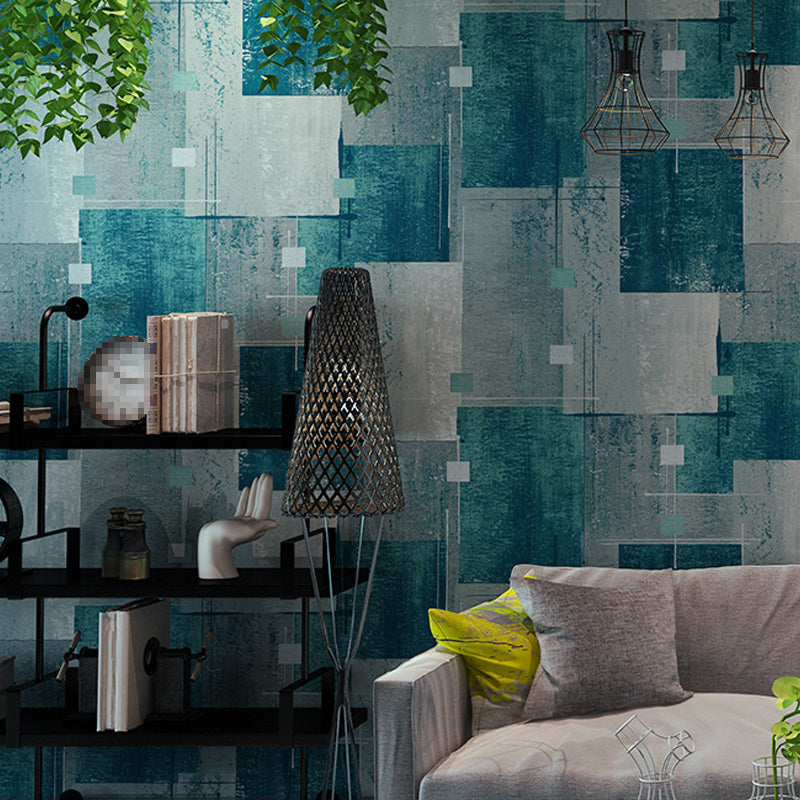 Dark Color Squares Wallpaper Abstract Industrial Moisture Resistant Wall Art for Living Room Gray-Blue Clearhalo 'Industrial wall decor' 'Industrial' 'Wallpaper' Wall Decor' 1206057