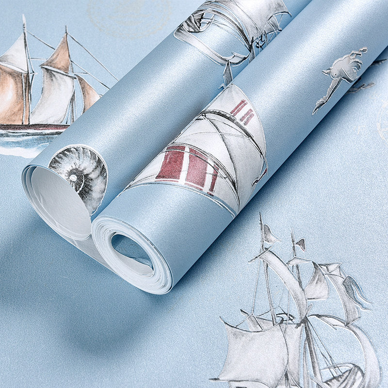 Nautical Sailboat Wallpaper Novelty Non-Woven Texture Wall Decor in Pastel Color Clearhalo 'Wall Decor' 'Wallpaper' 1206265